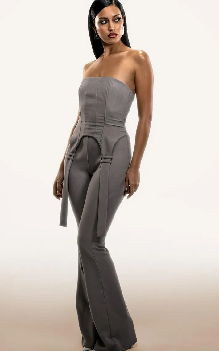 PLT Label Light Grey Corset Strap Detail Jumpsuit