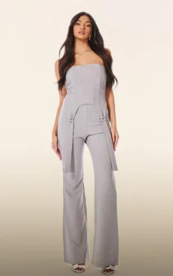 PLT Label Light Grey Corset Strap Detail Jumpsuit