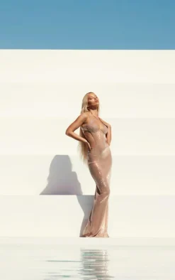 PLT Label Nude Sequin Cut Out Detail Maxi Dress