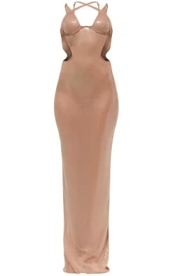 PLT Label Nude Sequin Cut Out Detail Maxi Dress