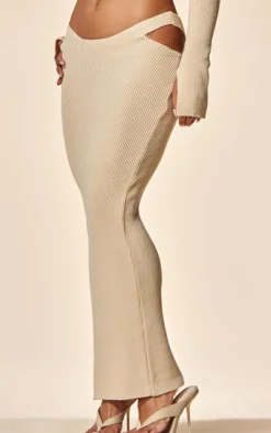 PLT Label Oatmeal Cut Out Knitted Midaxi Skirt