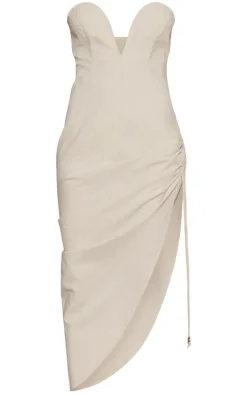 PLT Label Off White Plunge Ruched Midaxi Dress