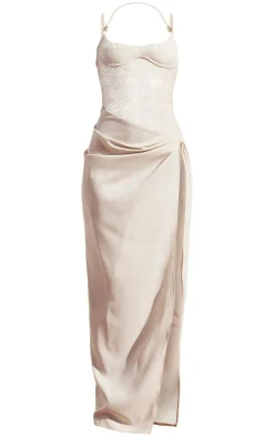 PLT Label Off White Sheer Panel Ruched Maxi Dress