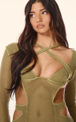 PLT Label Olive Textured Sheer Cut Out Detail Bodycon Dress