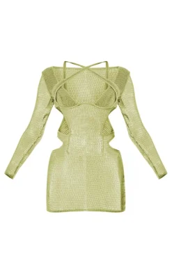 PLT Label Olive Textured Sheer Cut Out Detail Bodycon Dress