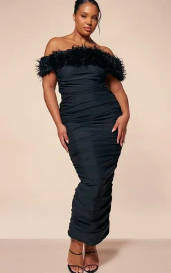 PLT Label Plus Black Bandage Mesh Faux Shearling Bardot Ruched Midaxi Dress