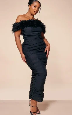 PLT Label Plus Black Bandage Mesh Faux Shearling Bardot Ruched Midaxi Dress