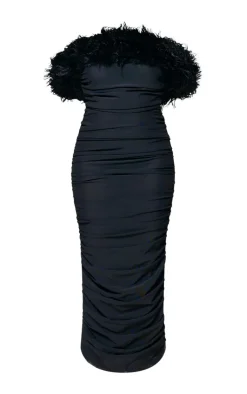 PLT Label Plus Black Bandage Mesh Faux Shearling Bardot Ruched Midaxi Dress