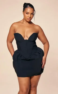 PLT Label Plus Black Bust Detail Corset Puffball Tailored Bodycon Dress