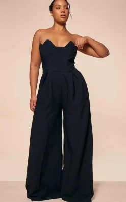 PLT Label Plus Black Corset Bust Detail Wide Leg Tailored Jumpsuit