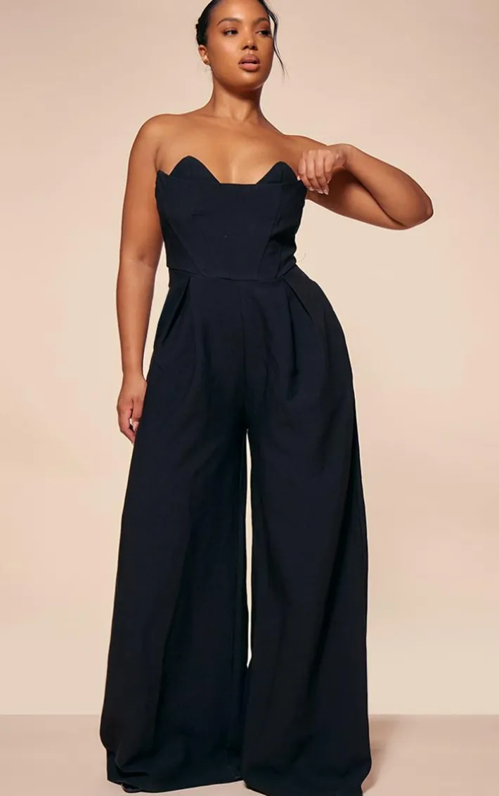 PLT Label Plus Black Corset Bust Detail Wide Leg Tailored Jumpsuit