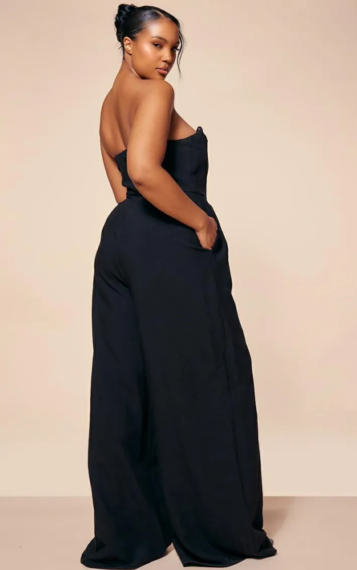 PLT Label Plus Black Corset Bust Detail Wide Leg Tailored Jumpsuit