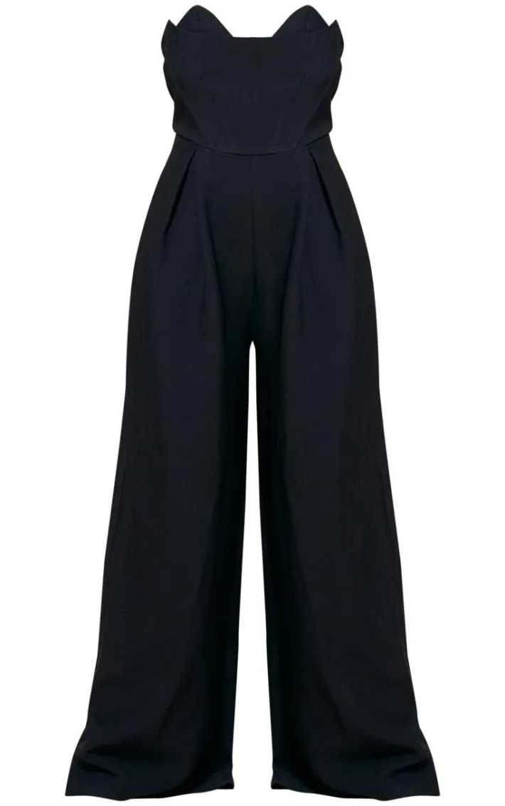 PLT Label Plus Black Corset Bust Detail Wide Leg Tailored Jumpsuit