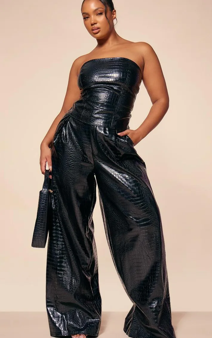 PLT Label Plus Black Croc Faux Leather Wide Leg Tailored Pant