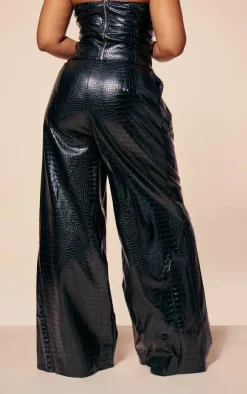 PLT Label Plus Black Croc Faux Leather Wide Leg Tailored Pant