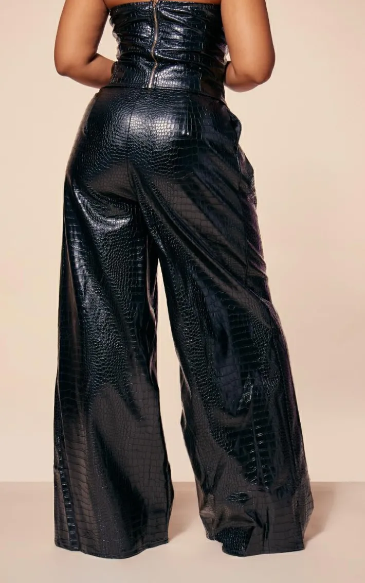 PLT Label Plus Black Croc Faux Leather Wide Leg Tailored Pant