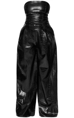 PLT Label Plus Black Croc Faux Leather Wide Leg Tailored Pant
