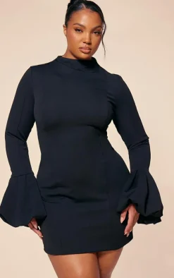 PLT Label Plus Black High Neck Puff Sleeve Bodycon Dress