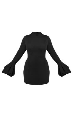 PLT Label Plus Black High Neck Puff Sleeve Bodycon Dress