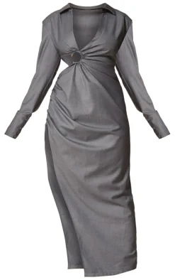 PLT Label Plus Charcoal Shirt Ring Detail Maxi Dress