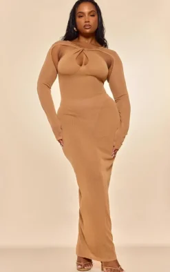 PLT Label Plus Tan Knitted Twist Detail Maxi Dress