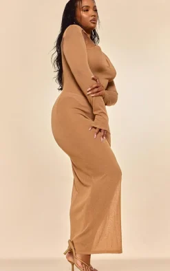 PLT Label Plus Tan Knitted Twist Detail Maxi Dress
