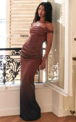 PLT Label Rust Ombre Print Bandage Mesh Bardot Maxi Dress