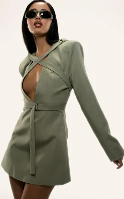 PLT Label Sage Green Strap Detail Cross Over A-line Blazer Dress