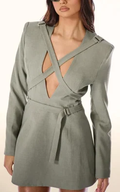 PLT Label Sage Green Strap Detail Cross Over A-line Blazer Dress