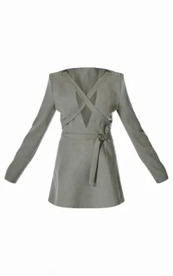 PLT Label Sage Green Strap Detail Cross Over A-line Blazer Dress