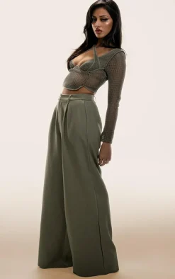 PLT Label Sage Green Tailored Pleated Wide Leg Pants