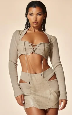 PLT Label Stone Cut Out Detail Faux Leather Mini Skirt