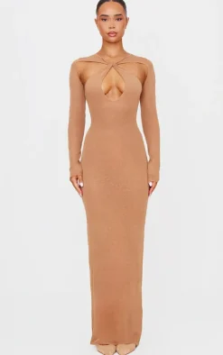 PLT Label Tan Knitted Twist Detail Sheer Maxi Dress