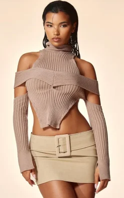 PLT Label Taupe Cut Out Knitted Long Sleeve Top