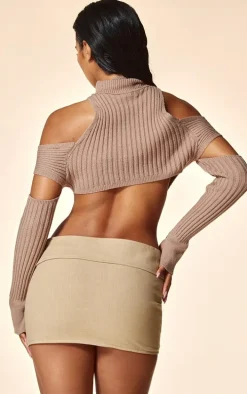 PLT Label Taupe Cut Out Knitted Long Sleeve Top