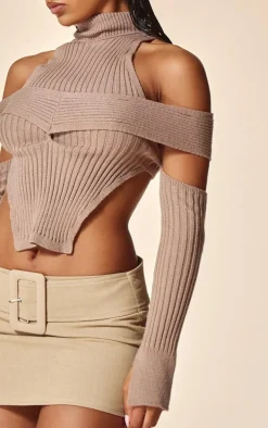 PLT Label Taupe Cut Out Knitted Long Sleeve Top