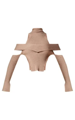 PLT Label Taupe Cut Out Knitted Long Sleeve Top