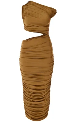 PLT Label Tobacco One Shoulder Ruched Cut Out Maxi Dress