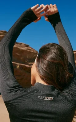 PLT SPORT Black Acid Wash Seamless Rib Panel Zip Up Sports Jacket