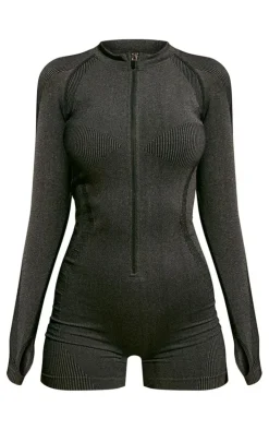 PLT SPORT Black Acid Wash Seamless Rib Panel Metallic Badge Short Gym Unitard