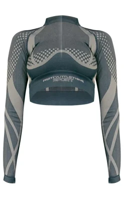 PLT SPORT Black Jacquard Seamless Contrast Cropped Long Sleeve Gym Top