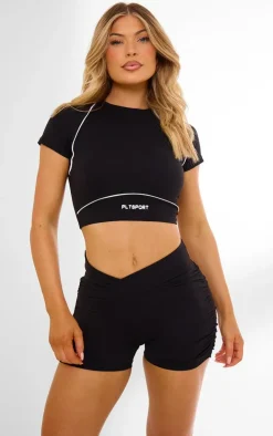 PLT SPORT Black Sculpt Contrast Binding Tie Detail Crop Top