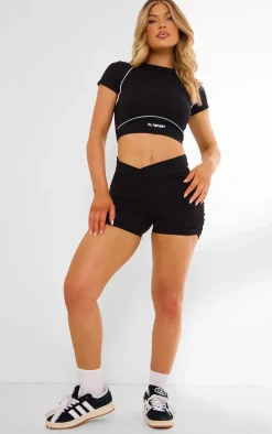 PLT SPORT Black Sculpt Contrast Binding Tie Detail Crop Top