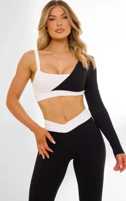 PLT Sport Black Sculpt Contrast Square Neck One Sleeve Crop Top