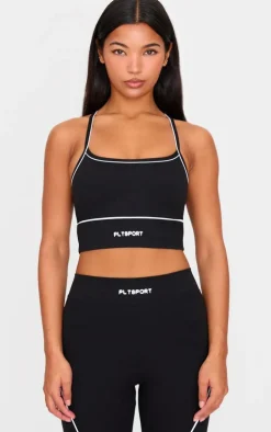 PLT SPORT Black Sculpt Square Neck Strappy Back Contrast Binding Crop Top