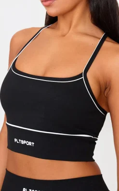PLT SPORT Black Sculpt Square Neck Strappy Back Contrast Binding Crop Top