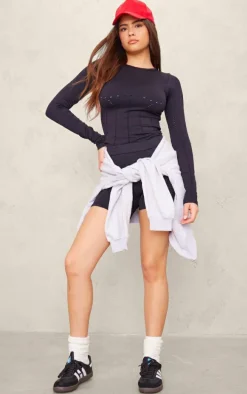 PLT SPORT Black Seamless Laser Cut Long Gym Top