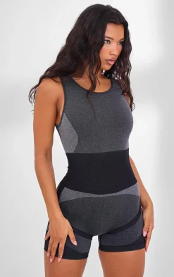 PLT SPORT Black Seamless Open Back Jacquard Unitard