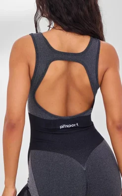 PLT SPORT Black Seamless Open Back Jacquard Unitard