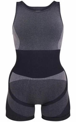 PLT SPORT Black Seamless Open Back Jacquard Unitard